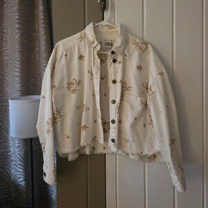 Zara Oversized Patterned White Denim Jacket